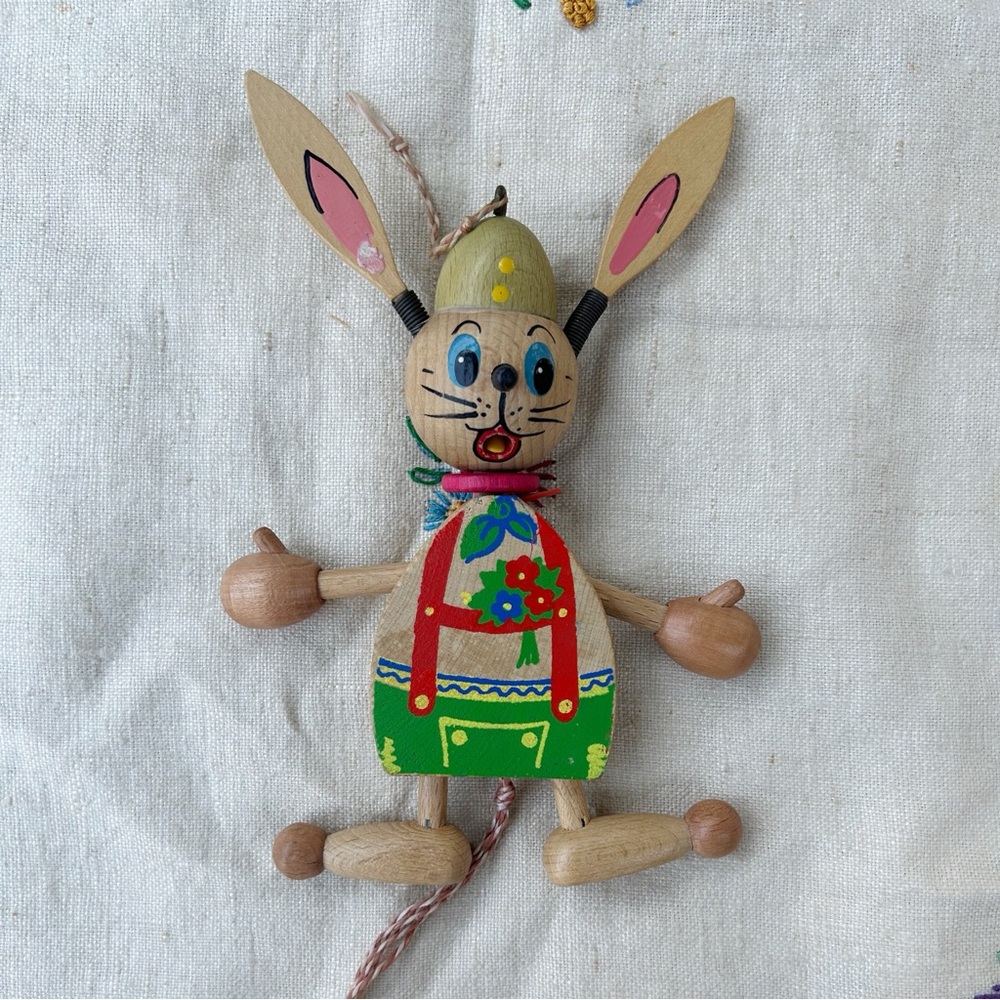 1968 Gregor Creations Austria Wooden Rabbit Easter Bunny Wood Pull String Toy